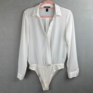Forever 21 White Chiffon Wrap Power Bodysuit L/S Collared Snap Bottom Elegant M